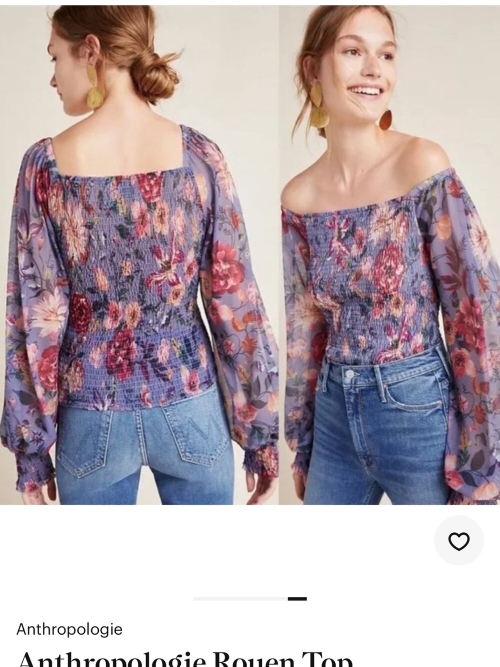 Anthropologie Lavender Floral Smocked Off-Shoulder Blouse NWOT